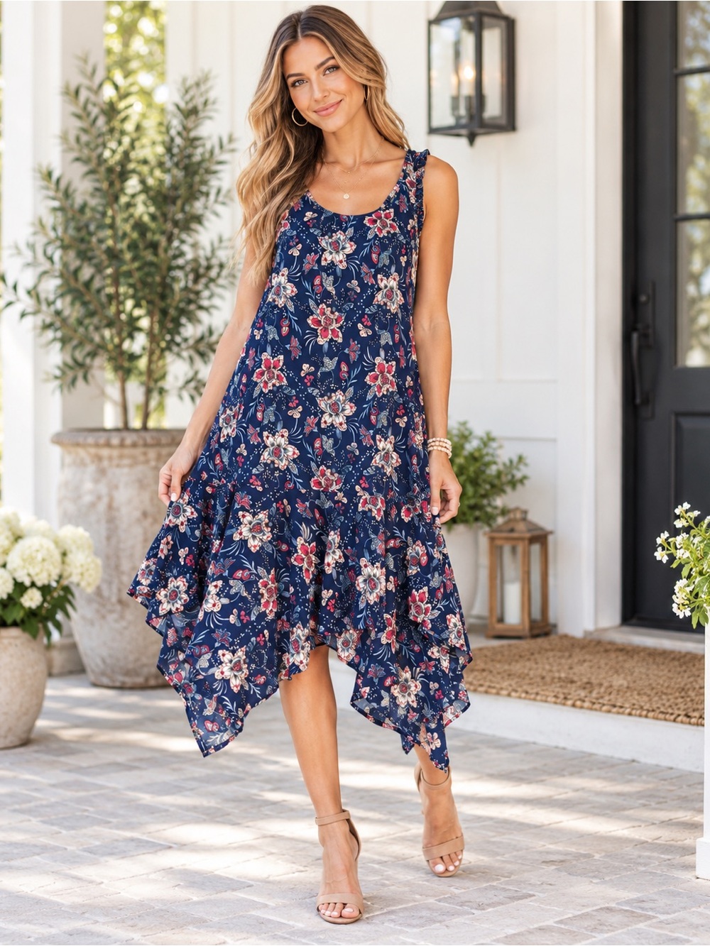 Altar'd State Floral V-Neck Sleeveless Asymmetrical Ruffle Midi Dress - Size XS